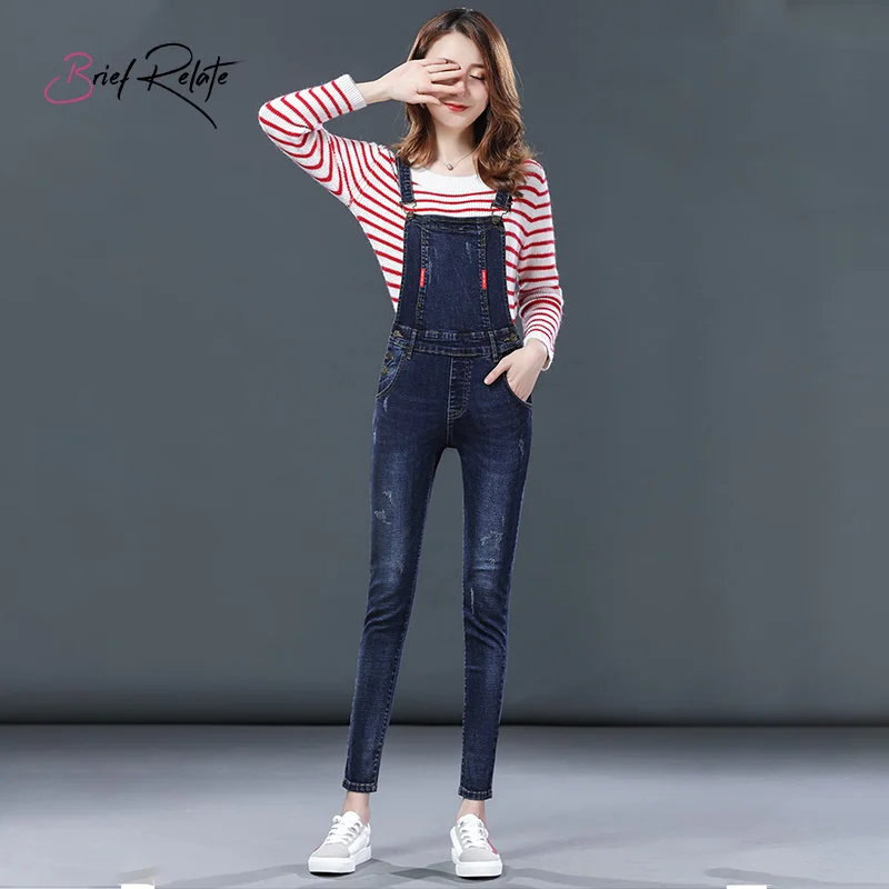 

Brief Relate Summer Denim Rompers Jumpsuits Skinny Playsuits Style Ankle-length Casual Elastic Metal Buttons Washed Pants