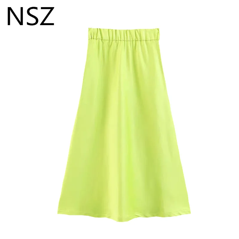 

NSZ Women Solid Satin Neon Skirt A-Line High Waist Shiny Summer Mid Skirt Bright Color Elastic Zipper Skirt