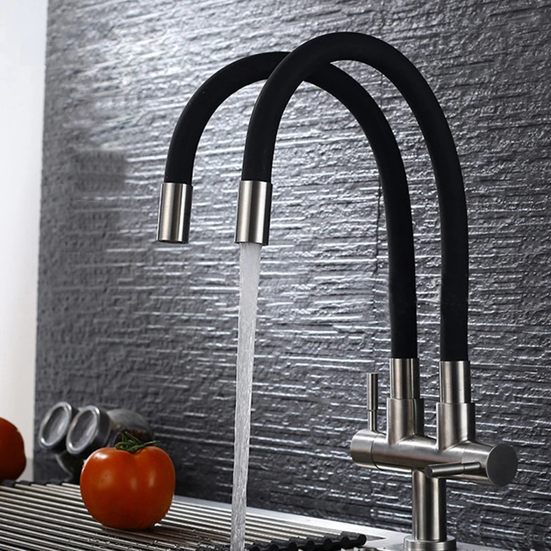 

Kitchen Faucets Single Cold Water Tap Brushed Finish 720 Degree Rotation Dual Handles Kitchen Sink Faucets SUS304