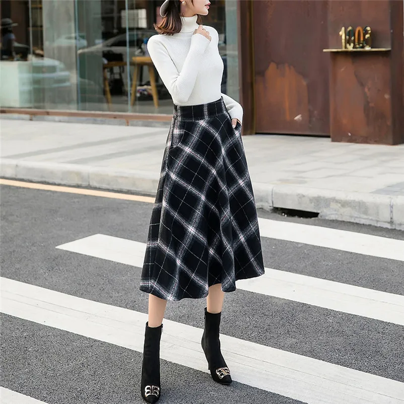 Feitong Female Womens High Elastic Waist Cotton Maxi Skirt A-line Plaid Autumn Winter Warm Straight Flare Long Skirt N15#N (7)