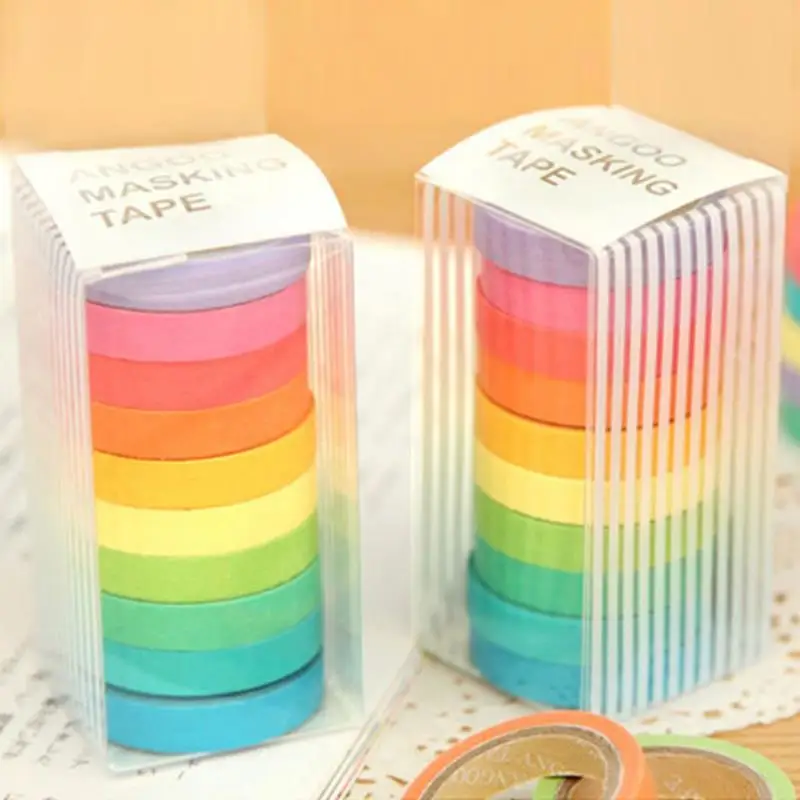 JX-LCLYL 10pcs/set 10in1 Colorful 0.7cm x 5M Adhesive Sticker Washi Paper Masking Tape Decoration