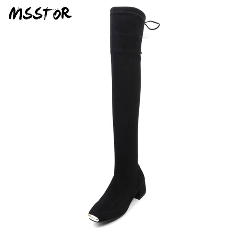 

MSSTOR Metal Decoration Black Boots Women Sexy Concise Flock Autumn Square Toe Women Winter Shoes Fashion Over Knee Boots Womens
