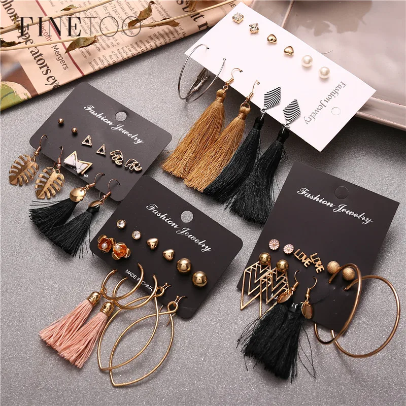 

Simple Natural Stone Triangle Elephant Geometric Small Stud Earrings Gold Color Leaf Earrings Boho Tassel Earrings Set Mixed