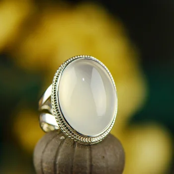 

Genuine Solid Sterling Silver 925 Ring Chalcedony Vintage Womens Jewelry Natural Stone Adjustable Fine Jewelry Anillos Mujer