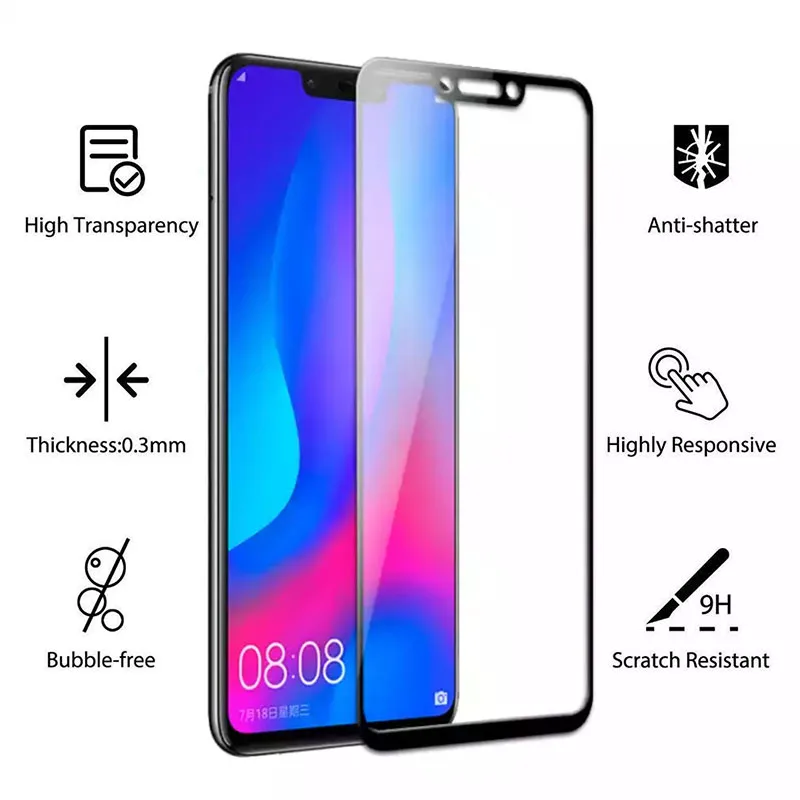 2pcs Protective Glass For Huawei P Smart plus Tempered Glass Screen Protector Full Cover Phone Film Safety Tremp on Psmart 6.3