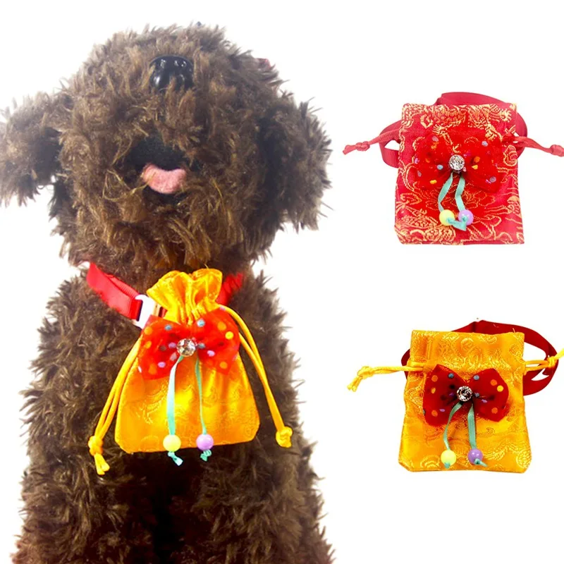 

1Pcs/lot Chinese Style Polyester Pet Collar Adjustable Bow Tie with Lucky Bag Bell for Cats Small Dogs Red/Yellow