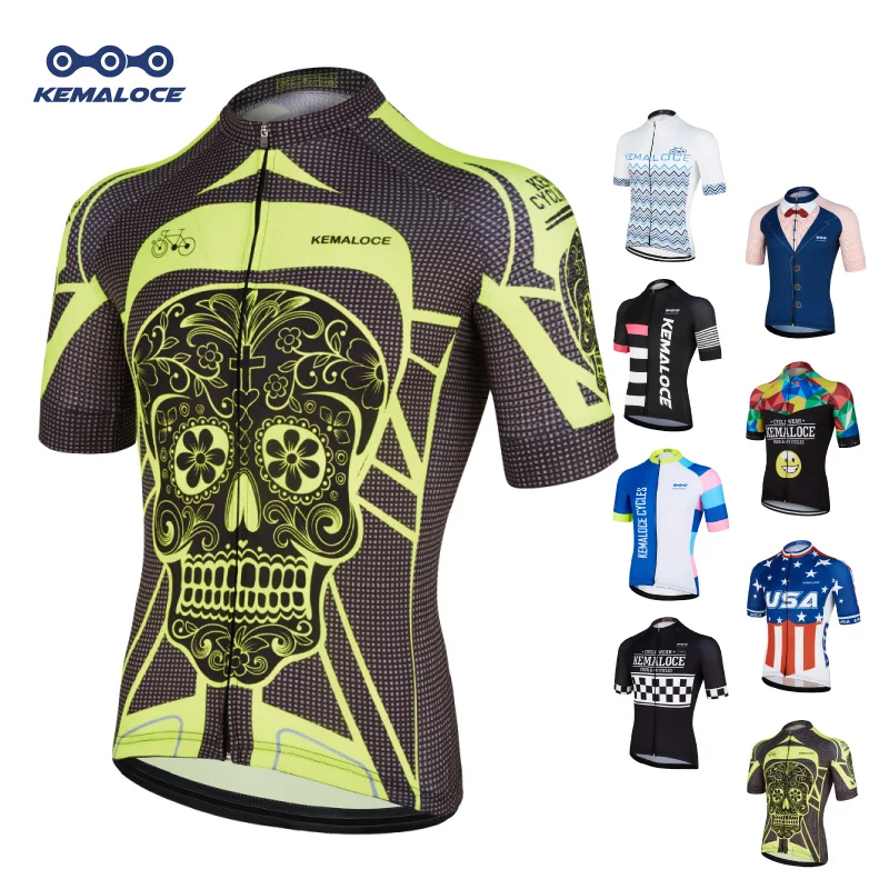 Camisa de Ciclismo Desgaste dos Homens de Manga Camisas de Bicicleta Kemaloce Amarelo Brilhante Esqueleto China Curta Roupa Retro Guindaste Barato Bicicleta Jersey