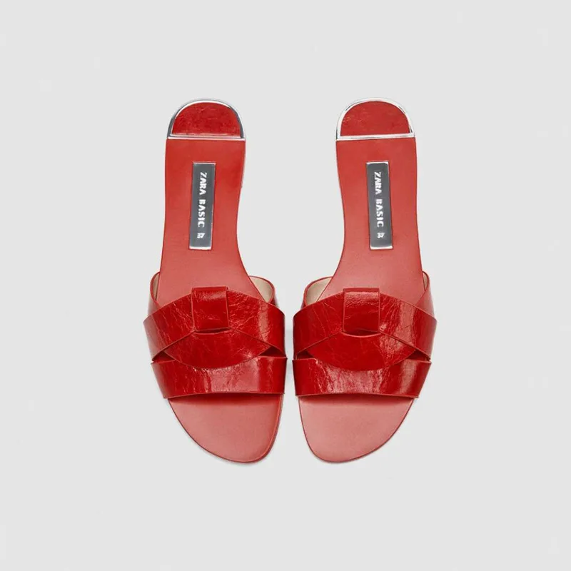 

ZA sandals female flat 2019 summer new leather cross decoration flat with women sandals wine red lazy slippers women