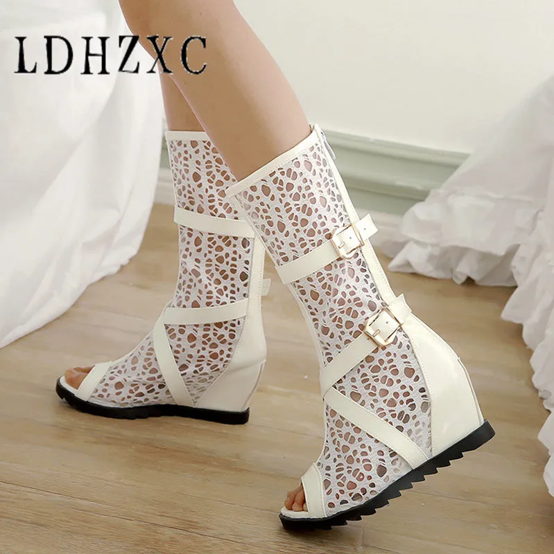 

LDHZXC 2019 Summer Boots Female Shoes Boots Cutout Mesh Boots High Heel Wedges Lace Spring and Summer Boots White