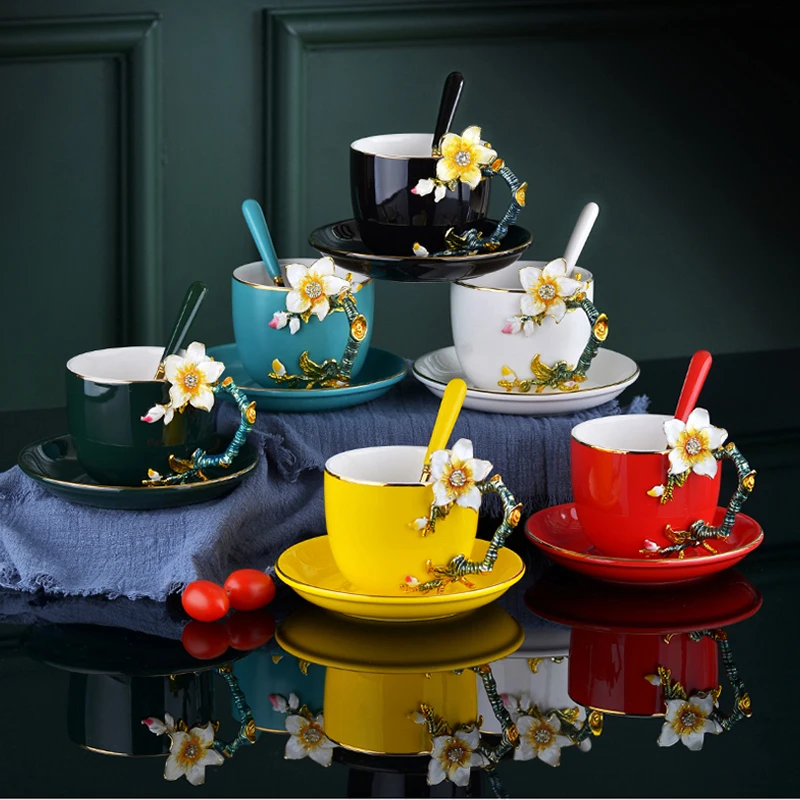 

Handmade Enamel painted High-grade Coffee Cup Saucer European-style coffee mug Ceramic cup afternoon tea Cup Free Shipping