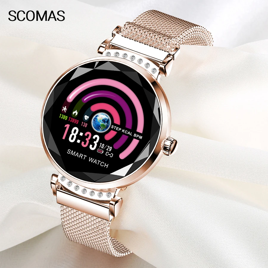 

SCOMAS Luxury Women Smart Watch 3D Diamond Glass IP67 Waterproof Heart Rate Monitor Fitness Tracker Female Function Smartwatch