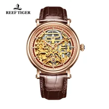 Arrecife de Tigre/RT hombre reloj mecánico con mecanismo a la vista con oro rosa banda de cuero genuino relojes Vintage RGA1917