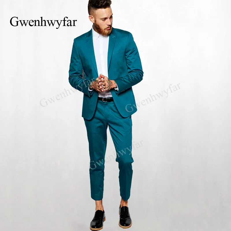 Gwenhwyfar 2018 Shinny Peacock Blue Suit Men Groom Tuxedo Slim Fit 2 ...