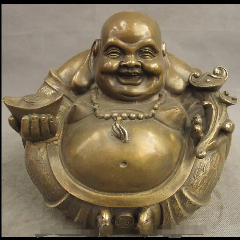 

wan67104046+++10" Chinese Bronze Copper Happy Laugh Maitreya Buddha Hold RuYi YuanBao Statue