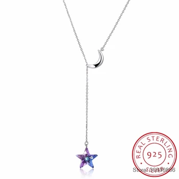 

SMTCAT Crystals From Long Chain Necklaces Pendants Real 925 Silver Moon Star Collares For Women Gifts Fine Jewelry
