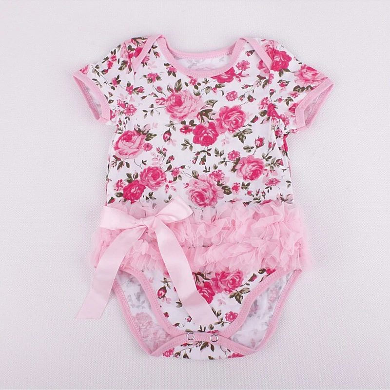 1PC Baby Girls' Pink Rose Flowers Printed Lace Bowknot Romper Infant