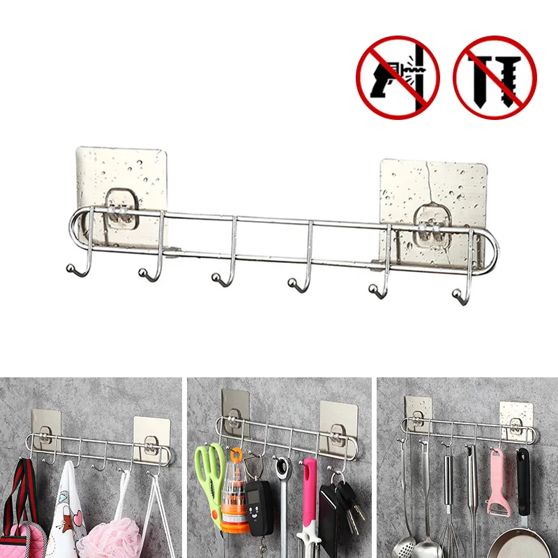 

Stainless Steel Wall Monted Hanger 6 Hook Non-drill Hanger Rack for Kitchen Bathroom P7Ding