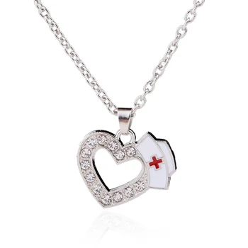 

Rhinestone Heart Nurse Cap Medical Symbol Pendant Necklace Exquisite Crystal Women Jewelry Gift Wholesale