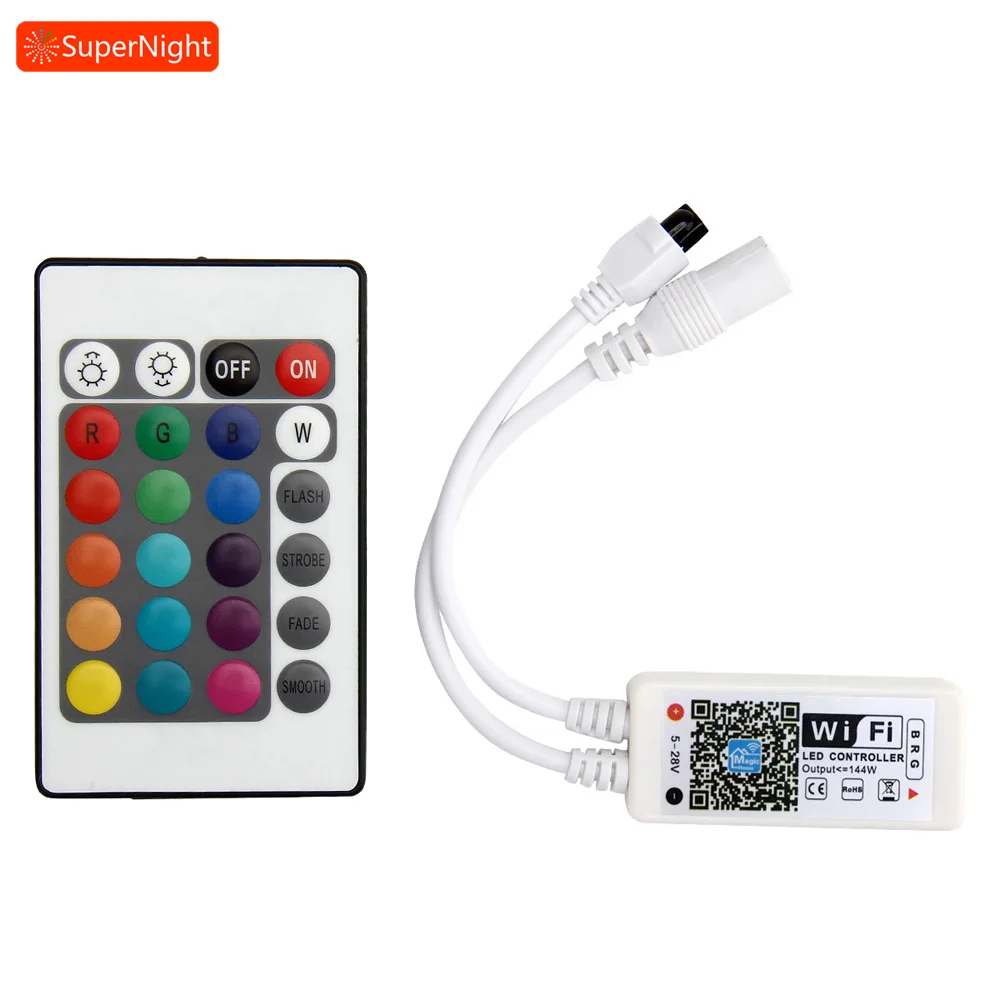 

SuperNight Smart WIFI Controller for 5050 3528 RGB LED Strip DC5-28V Alexa IOS Android APP Music Timer 24 keys IR Remote Dimmer