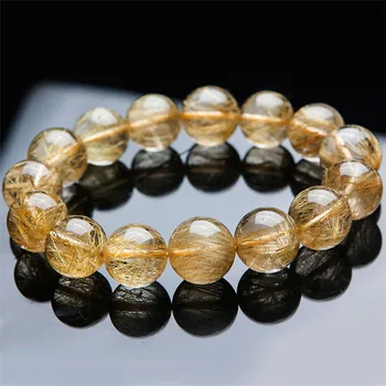 

15mm Genuine Natural Yellow Golden Rutilated Quartz Bracelet Powerful Stretch Clear Round Bead Rutilated Quartz Crystal Bracelet