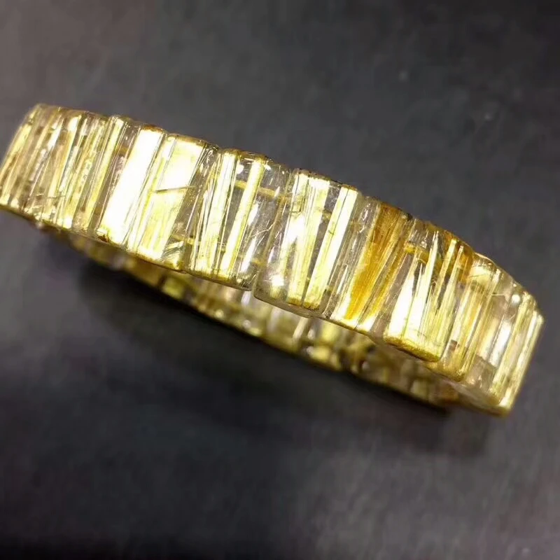 

100% Genuine Natural Gold Rutilated Quartz Crystal Rectangle 12x5mm Beads Jewelry Stretch Charm Bracelets Certificate AAAAA