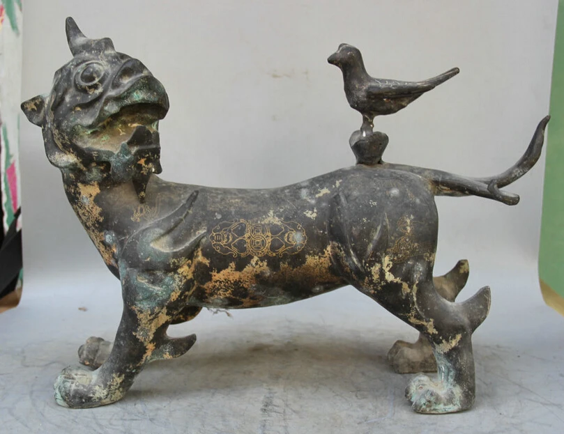 

S1779 20" Old Chinese Bronze Folk Animal Unicorn Beast Pi Xiu Bird sculpture Statue D0318