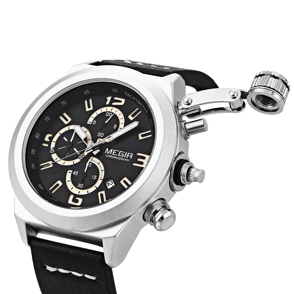 

MEGIR Chronograph Mens Watches Top Brand Luxury Leather Strap Children Sports Quartz Wrist Watches Multi-function Wristwatch