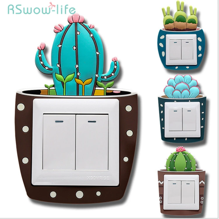 2Pcs 8.6*8.6cm Simple Wall-Mounted Socket Decoration Cactus Night-Light Switch Sticker Living Room Cartoon Plant Silica Gel |