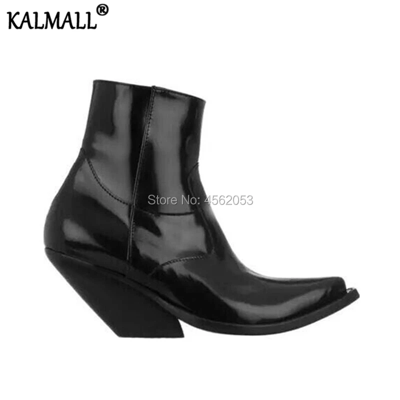 

KALMALL Fashion Runway Fetish Shoes Female Cuban Chunky Heels Pointed Toe Botas Mujer Polished Patent Leather Black Ankle Boots