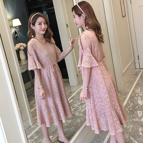 

6938# Sweet Pink Lace Maternity Long Dress 2019 Summer Korean Fashion Party Dress Clothes for Pregnant Women Slim Sexy Pregnancy