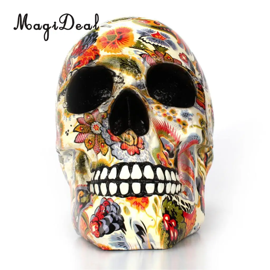 Resin Skull Model Ornament Home Decoration Flower Pattern Water Transfer Printing Souvenir for Halloween and Christmas