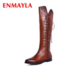 ENMAYLA/черные, коричневые сапоги до колена на плоской подошве с острым носком осенне-зимняя обувь на плоской подошве женские высокие сапоги на шнуровке женские мотоциклетные сапоги