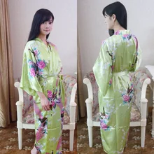 Зеленые атласные Для женщин халат для сна ночная рубашка невесты печати кимоно юката банный халат с цветочным рисунком, одежда для сна, халат Summer010501