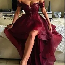 С плеча спереди короткое сзади длинное платье для выпускного с открытой спиной 2 слоя ветер красный органза Аппликация вечернее платье