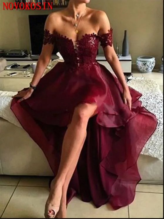 

2019 Off The Shoulder Front Short Back Long Prom Dress Backless 2 Layers Wind Red Organza Appliqued Evening Dress