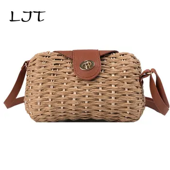 

LJT Women Vintage Rattan Handbag Female Bohemian Summer Beach Straw Bags Lunch Picnic Box Weave Bag Handmade Casual Large Tote