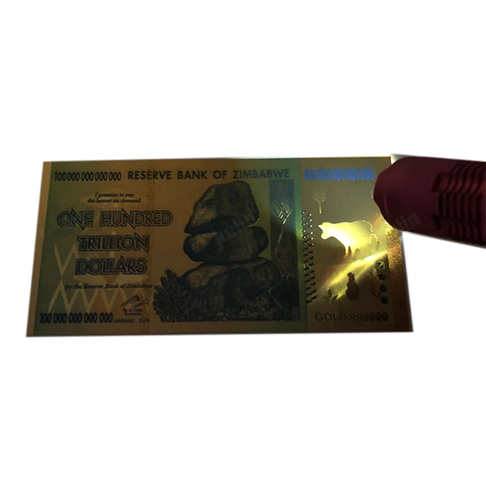 1000 шт/партия цветные золотые Zimbabwe вийские 24 K золотые банкноты сто трлн долларов с охранной этикеткой/УФ свет для азартных игр деньги