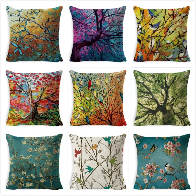 

Oil Painting Cushion Cover Large Tree and Flower Birds Cotton Linen Throw Pillow Case Cushion Case Home Sofa Decor 18 X 18 Inch