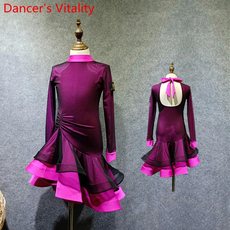 

Autumn Winter Children Latin Dance Fishbone Dress Lacing Backless Clothes Rumba Samba Tango Cha Cha Salsa Foxtrot Dance Outfits