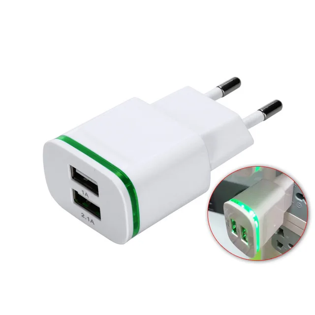 EU Plug 2 Ports LED Light USB Charger 5V 2A Wall Adapter Mobile Phone Micro Data Charging for IPhone IPad Samsung