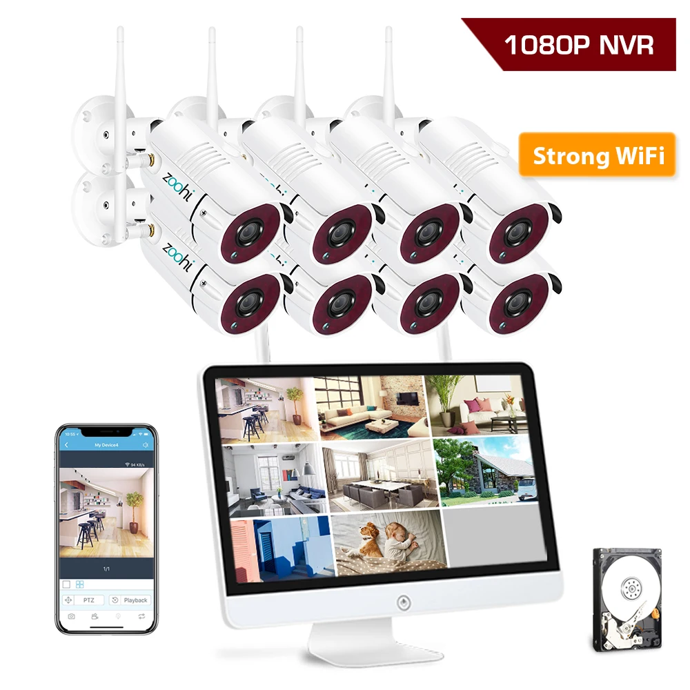 

Zoohi 8CH 1080P Wireless Security Camera System Kits CCTV System 15.6 Inch NVR With 2MP Outdoor Wifi IP Camera Surveillance Kits