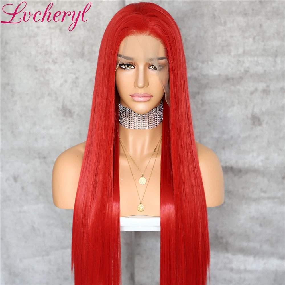 

Lvcheryl Hand Tied 13x6 Red Color Free Part Futura Fiber Straight Hair Wigs Long Heat Resistant Synthetic Lace Front Wig