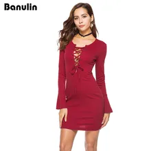 Banulin V Средства ухода за кожей шеи с длинным рукавом Criss Cross хлопок вязаный осеннее женское платье пикантные Клубные Bodycon бинты Вечерние Платье Плюс Размеры