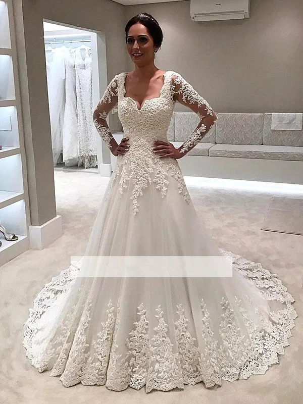 С длинным рукавом Vestido De Noiva 2019 мусульманские свадебные платья а-силуэта глубокий v-образный вырез аппликации кружева Дубай арабское