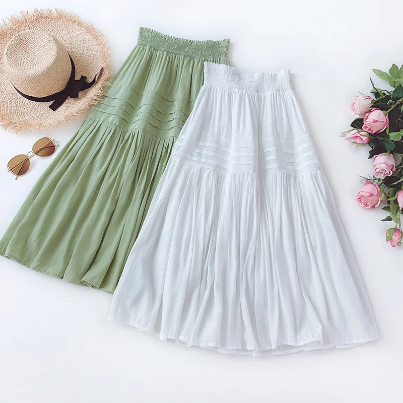

AcFirst Summer Green Khaki Women Skirt High Waist Mid-Calf Long Skirt Clothing Mesh A-Line Sexy Skirts Plus Size Pleated
