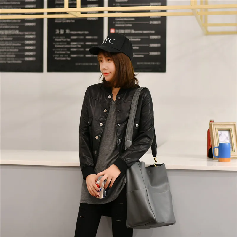 Crop Veste Cuir Streetwear Printemps Noir Survêtement Bomber Femmes Coréenne Bouton Lâche En Pu Style Parkas CQoexBrWdE