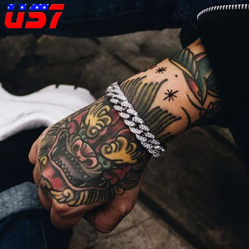 US7, Iced Out, кандалы, кубинские браслеты для мужчин, микро кристалл, звено, золото, серебро, цвет, браслет, хип-хоп, рэппер, ювелирные изделия