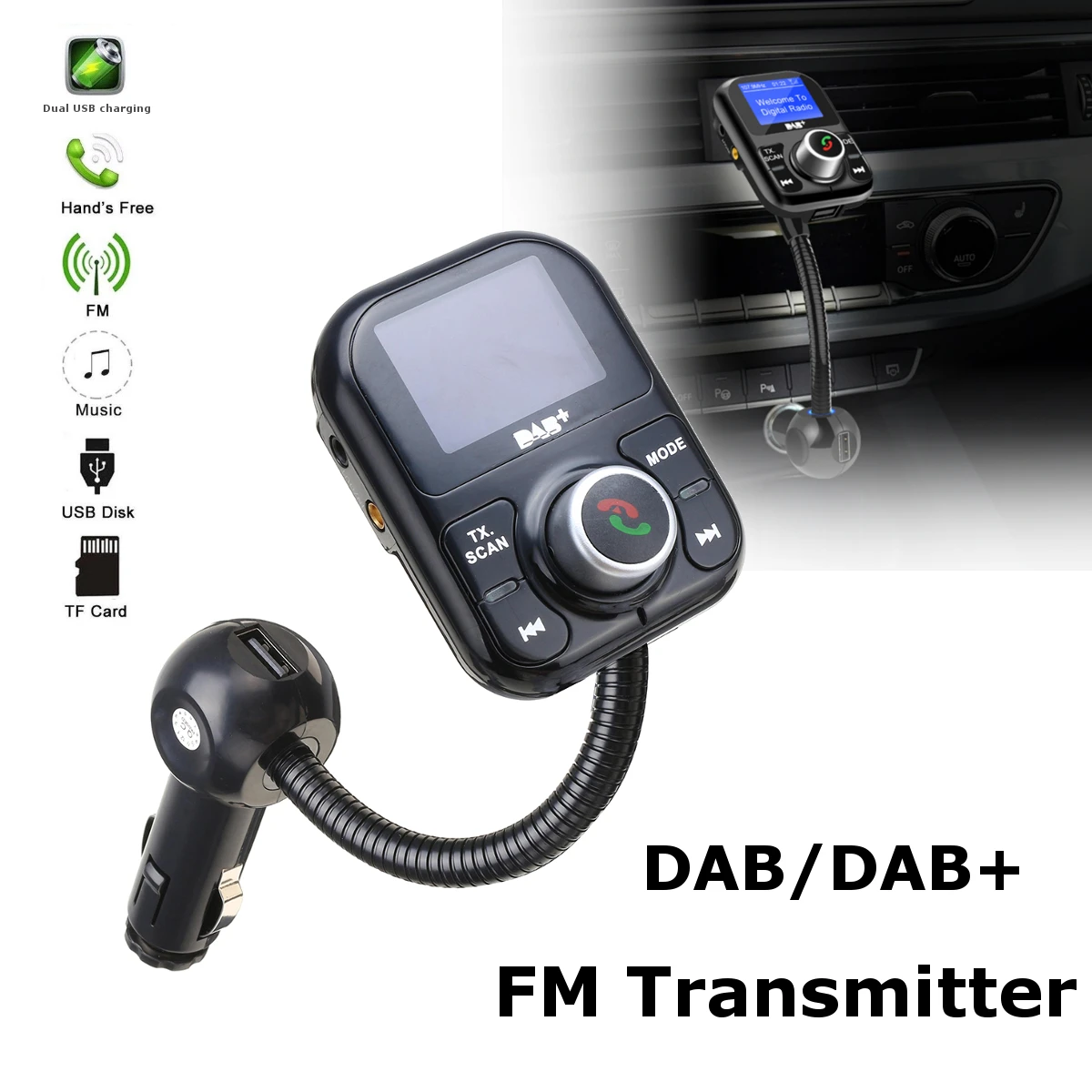 online Rádio DAB DAB + Digital Kit Mãos Livres Bluetooth Carro Com Dual USB Adapter Receptor Sintonizador FM Antena do Transmissor de Carregamento portas