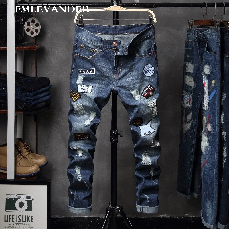 

Vintage Washed Hip Hop Street Wear Patchwork Straight Pants Stretch Denim Skinny Jeans Men