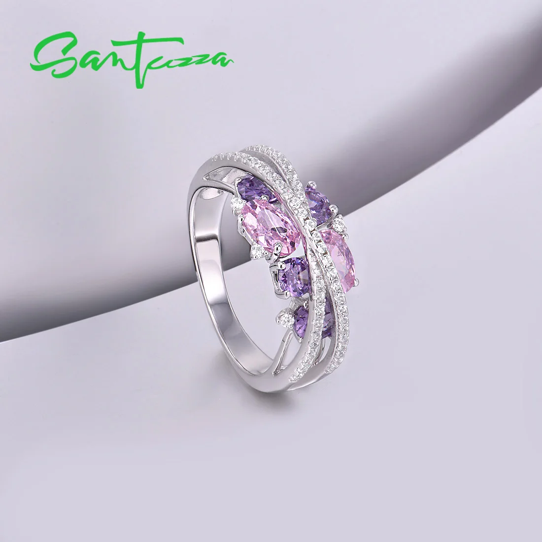 SANTUZZA Silver Rings For Women Genuine 925 Sterling Silver Shimmering Amethyst Pink Cubic Zirconia Trendy Luxury Fine Jewelry